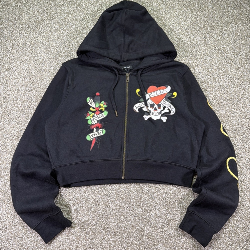 Women's Black Ed Hardy ZIPUP Hoodie Size XL Cropped Essentials